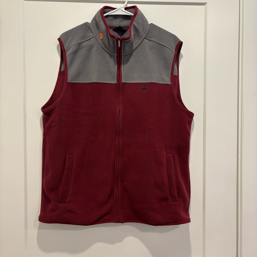 Brooks Brothers Mens XL Fleece Vest Burgundy Grey Full Zip Colorblock Mock Neck